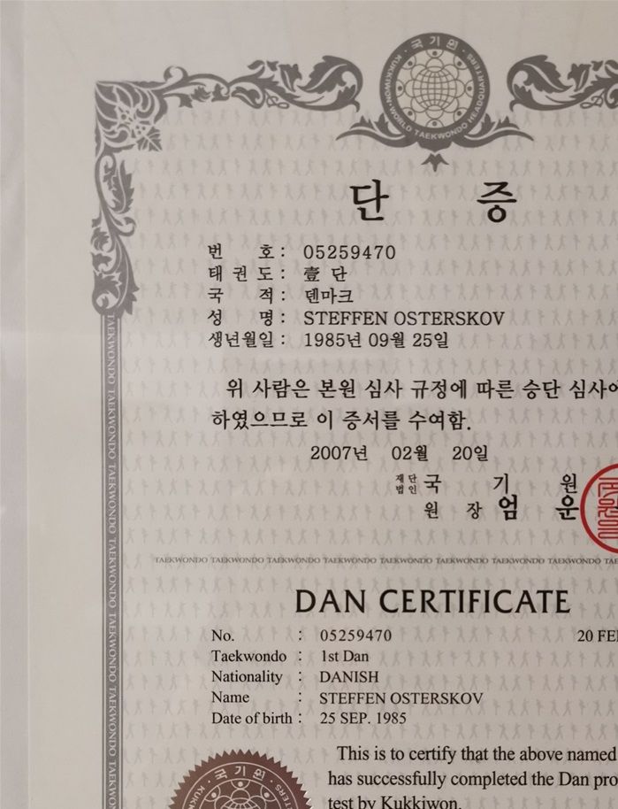 Certifikat - Taekwondo - 1. dan sort bælte
